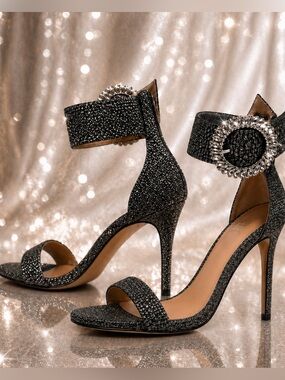 INC International Concepts Rhinestone Buckle Heels Sz 6 Dark Grey Glitter Heels